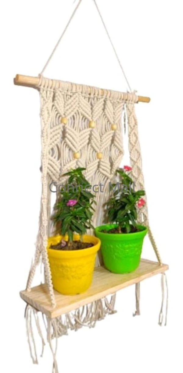 PRIVA ARTS Macrame Cotton Beads Handmade Single Shelf Plant HangingPlant for Indoor, Living Room, Balcony, Gardening Wall Decor - Free Size, Handicraft, Pack of 1